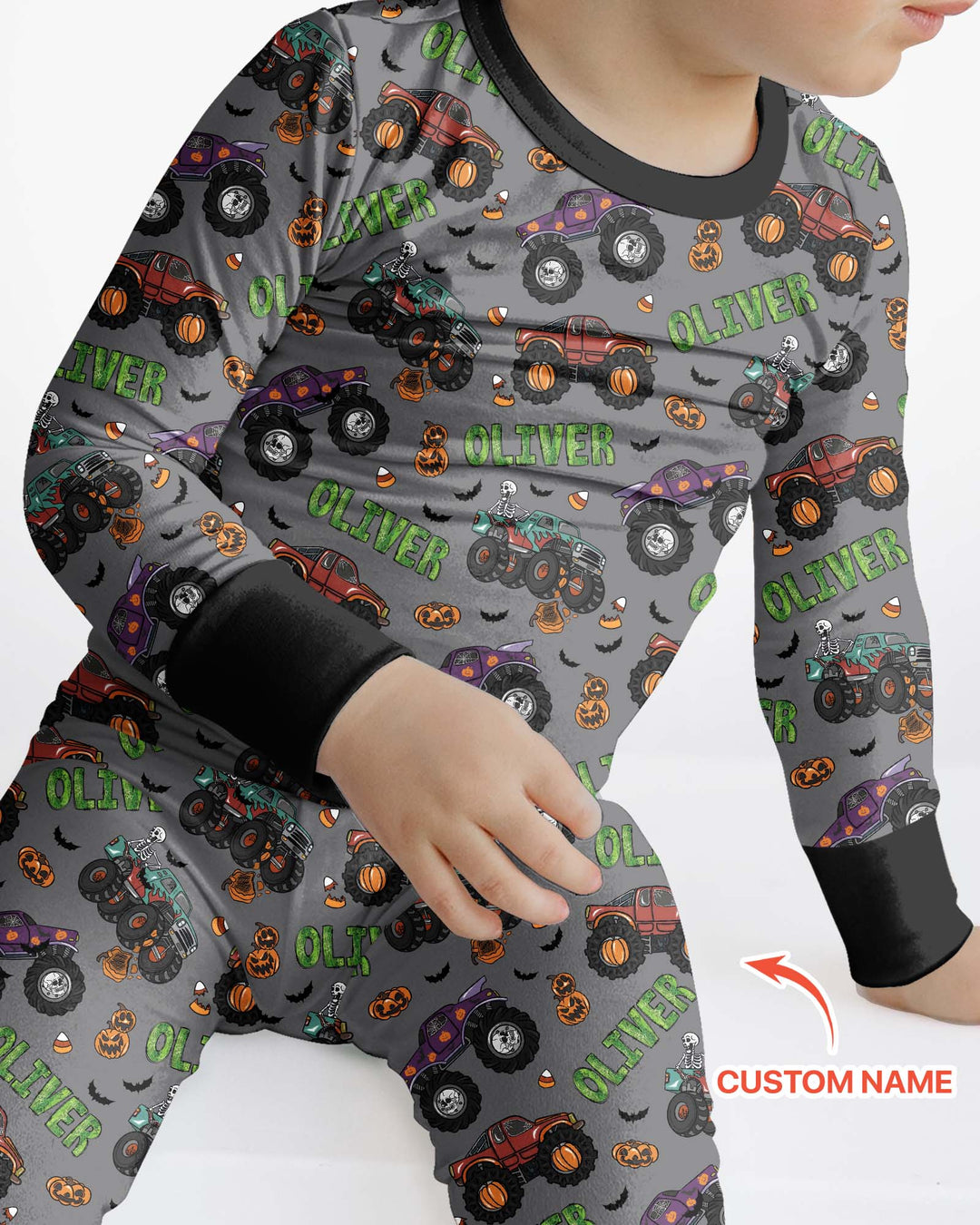 Custom Name Haunted Monster Trucks  Bamboo Two Piece Long Sleeve Pajama Set