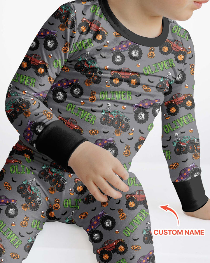 Custom Name Haunted Monster Trucks  Bamboo Two Piece Long Sleeve Pajama Set