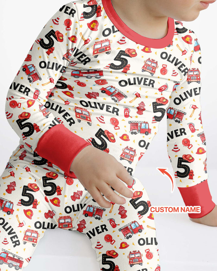 Custom Name Fire Truck Birthday Boy Bamboo Two Piece Long Sleeve Pajama Set