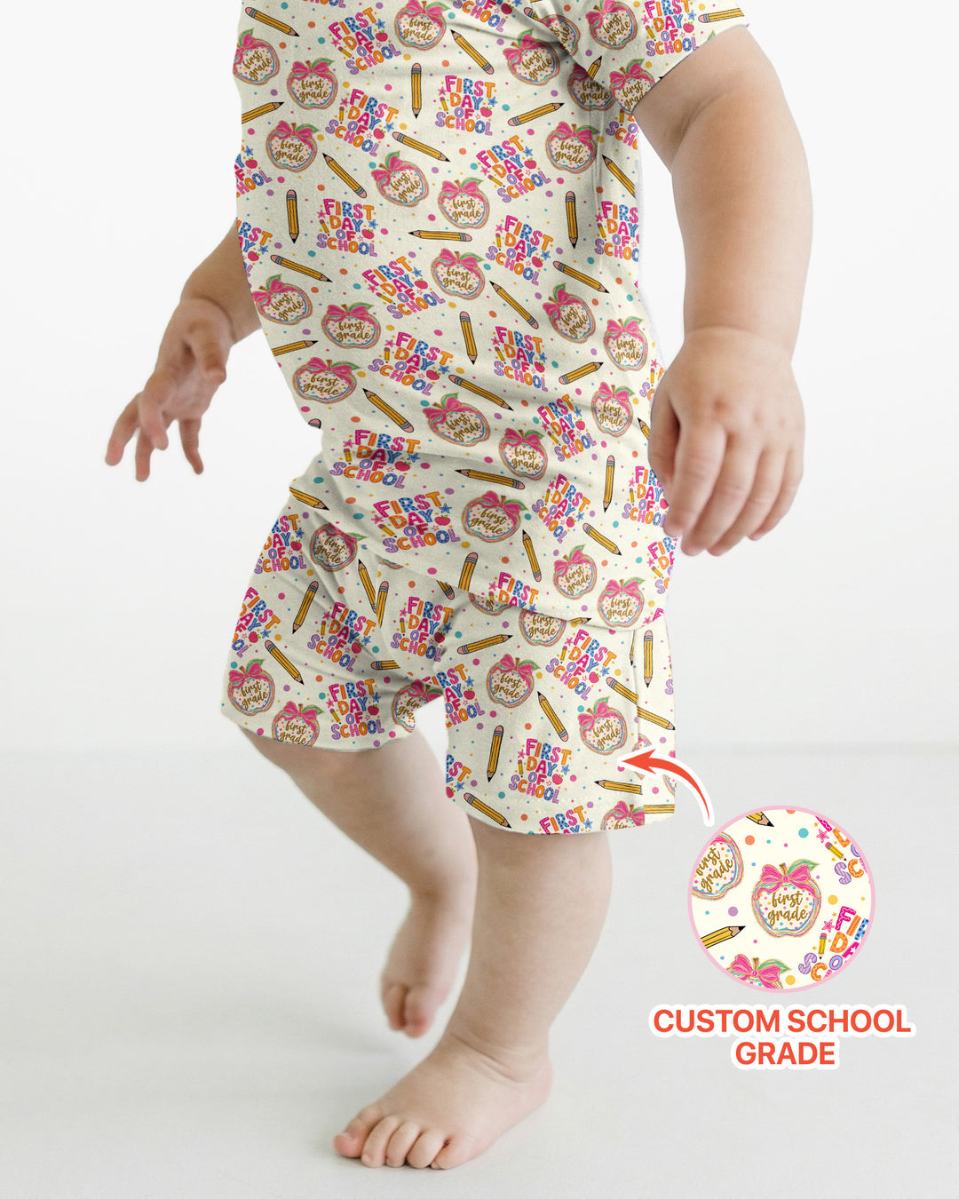 Custom School Grade First Day Cutie Bamboo Two Piece Short Sleeve Shorts Pajama Set