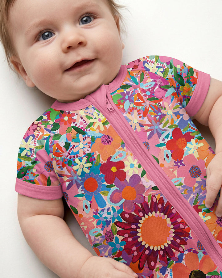 Rainbow Blooms Bamboo Shorty Zippered Romper