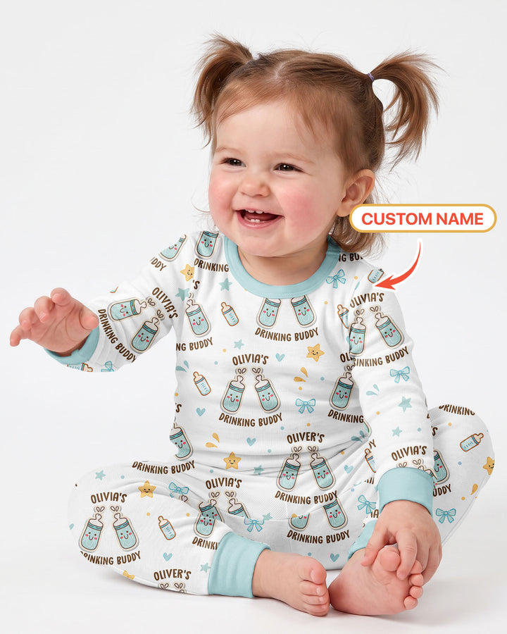 Custom Name Twin Drinking Buddies Bamboo Two Piece Long Sleeve Pajama Set