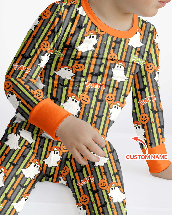 Custom Name Ghost Holding Balloon Bamboo Two Piece Long Sleeve Pajama Set