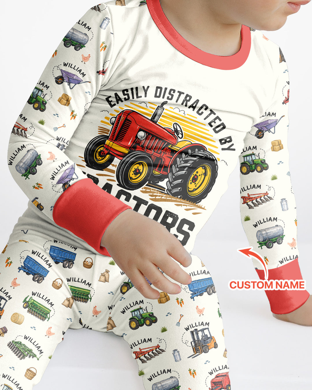 Easily Distracted By Tractors Custom Name Bamboo Two Piece Long Sleeve Pajama Set