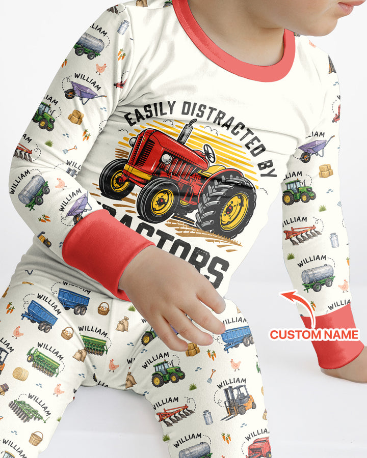 Easily Distracted By Tractors Custom Name Bamboo Two Piece Long Sleeve Pajama Set