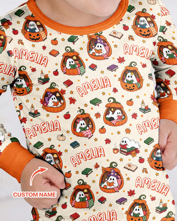 Bookish Ghost Halloween Custom Name Bamboo Two Piece Long Sleeve Pajama Set