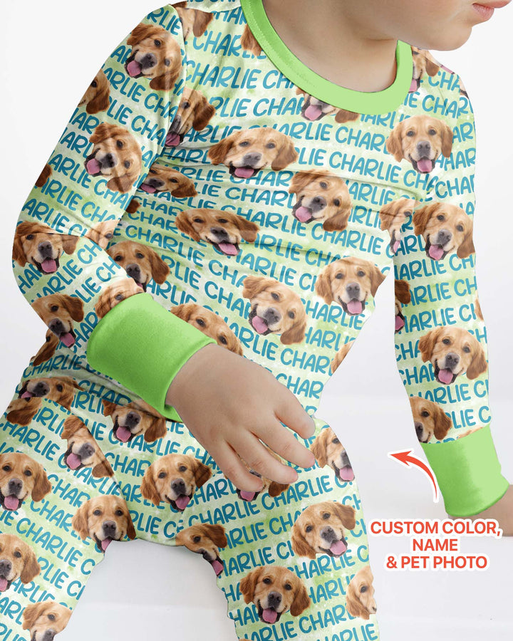 Custom Pet Photo With Name Watercolor Bamboo Two Piece Long Sleeve Pajama Set