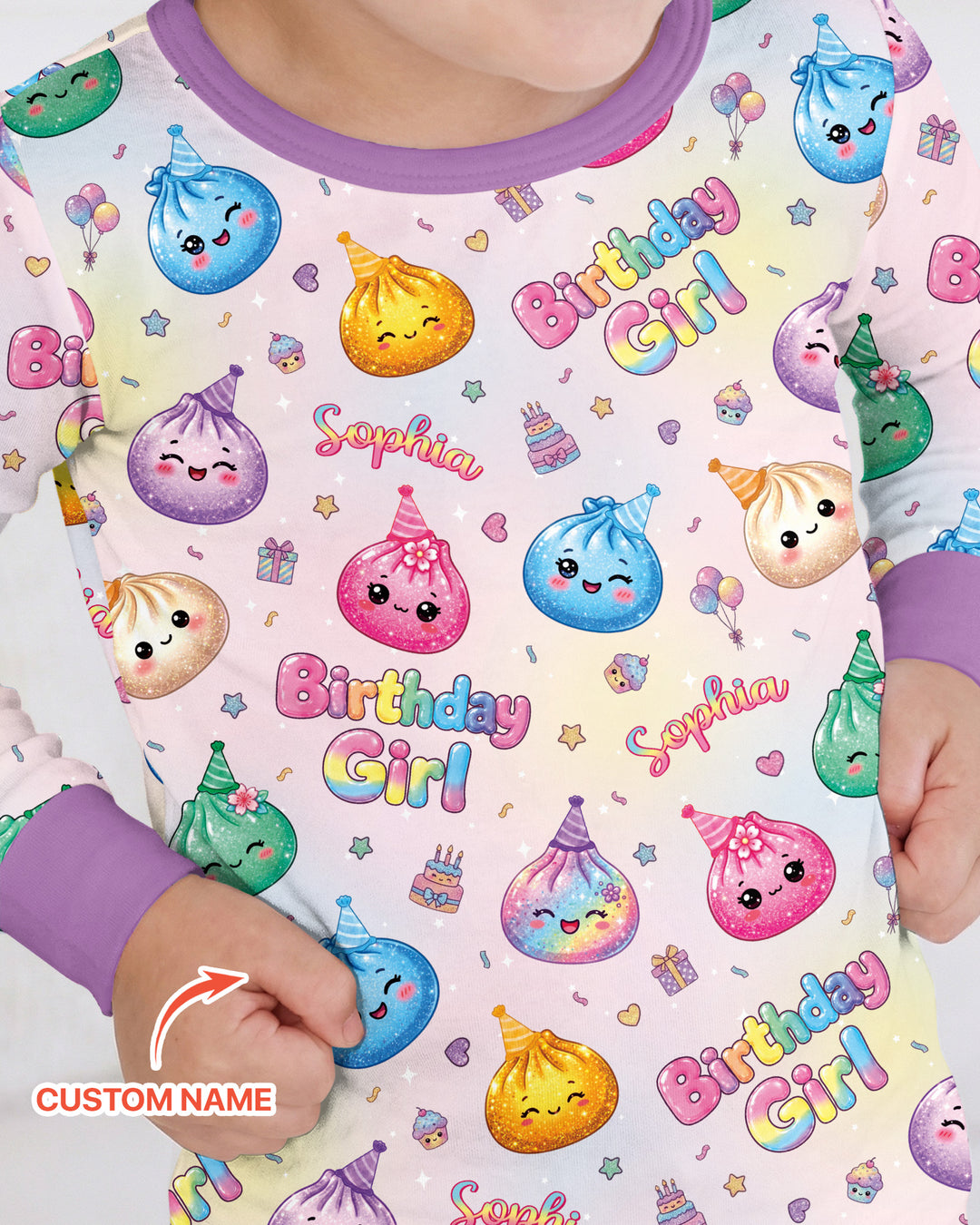 Custom Name Glitter Dumpling Birthday Girl Bamboo Two Piece Long Sleeve Pajama Set