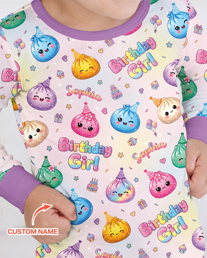 Custom Name Glitter Dumpling Birthday Girl Bamboo Two Piece Long Sleeve Pajama Set