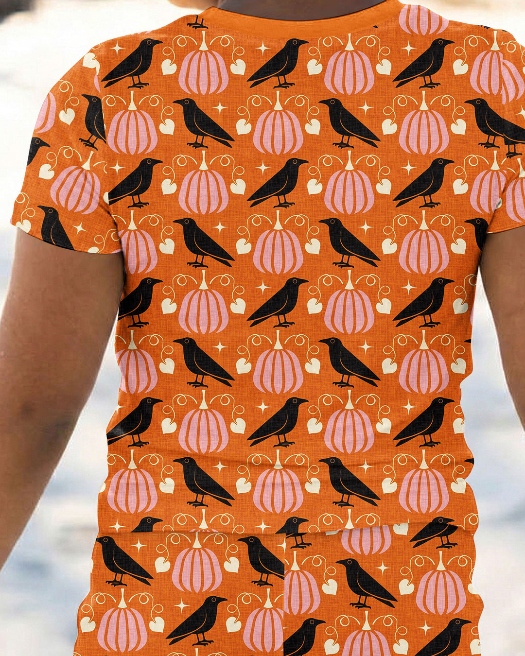 Ravens in a Pumpkin Patch - Orange Pink Bamboo Two Piece Short Sleeve Pajama Set
