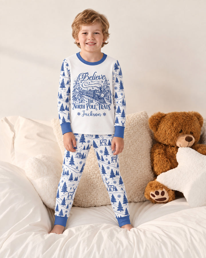 Custom Name North Pole Train Bamboo Two Piece Long Sleeve Pajama Set
