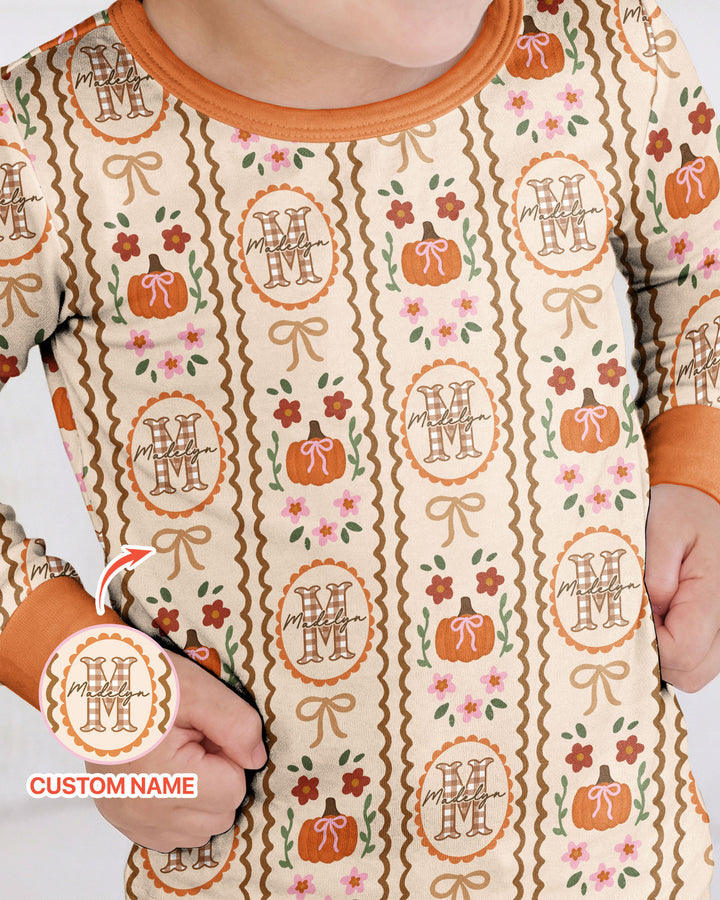 Custom Name Pumpkin Cottage Bamboo Two Piece Long Sleeve Pajama Set