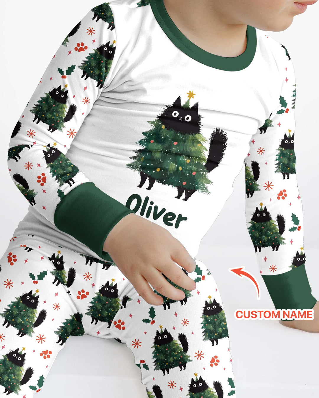 Custom Name Black Cat Christmas Bamboo Two Piece Long Sleeve Pajama Set