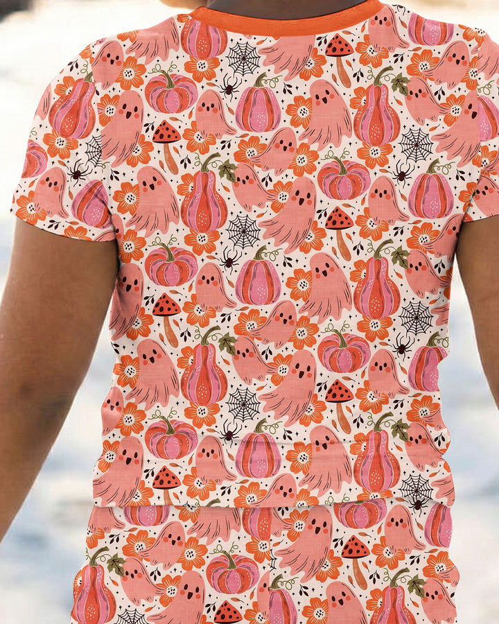 Pink Ghost Pumpkin Fall Floral Halloween Bamboo Two Piece Short Sleeve Pajama Set