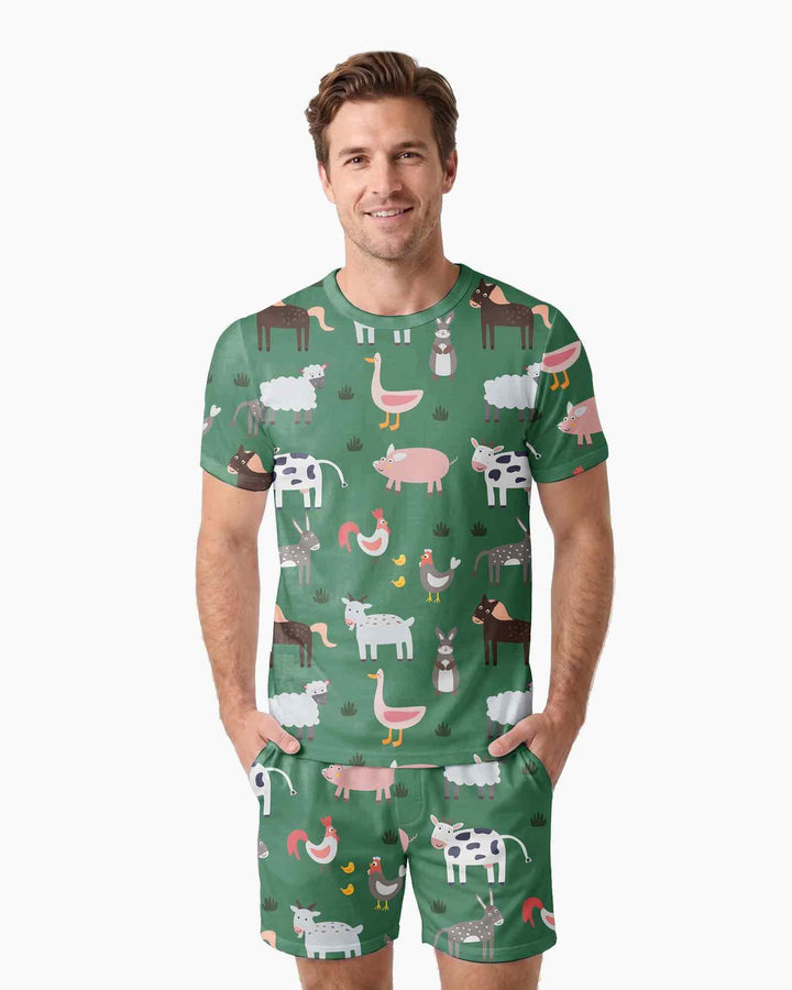 Green farm animals Bamboo Men Short Sleeve Short Pajama Set