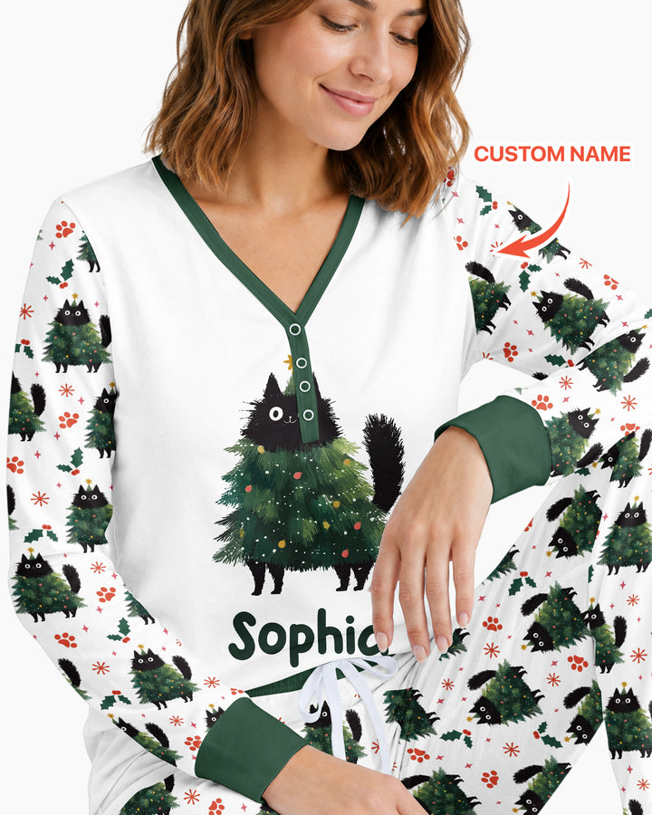 Custom Name Black Cat Christmas Bamboo Women Pajama Set