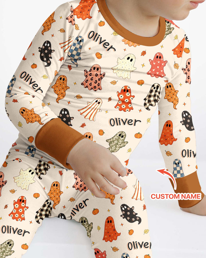 Custom Name Fall Ghost Bamboo Two Piece Long Sleeve Pajama Set