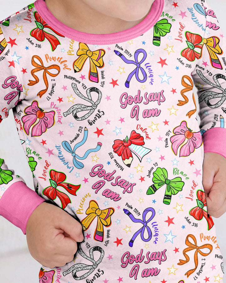 Pencil Bows God Says I Am Bamboo Two Piece Long Sleeve Pajama Set