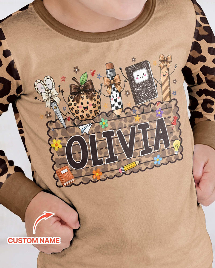 Custom Name School Sweetheart Leopard Bamboo Two Piece Long Sleeve Pajama Set