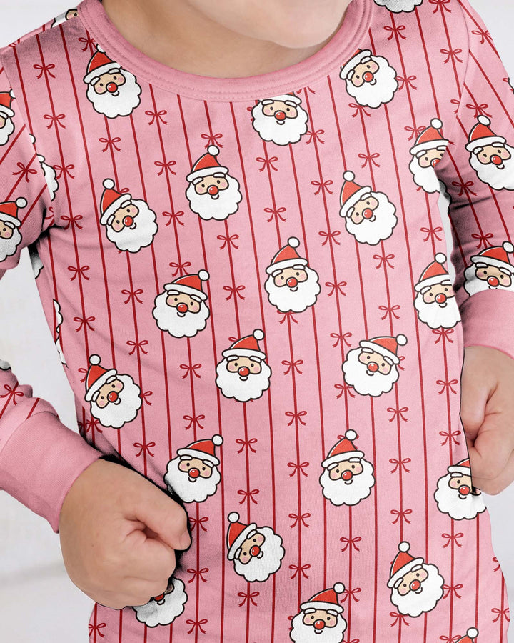 Pink Santa Bow Stripe Christmas Bamboo Two Piece Long Sleeve Pajama Set