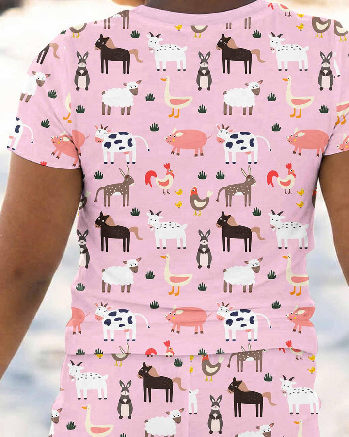 Pink Farm Animals Bamboo Two Piece Short Sleeve Pyjamas Set