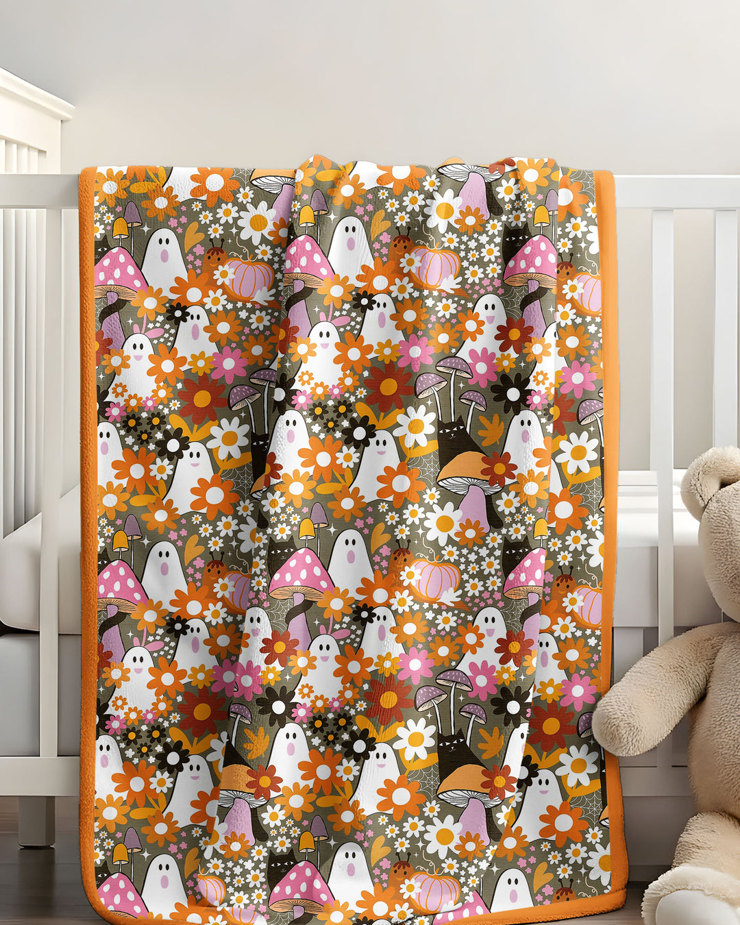 Retro Ghost Mushroom Floral Halloween Bamboo Blanket