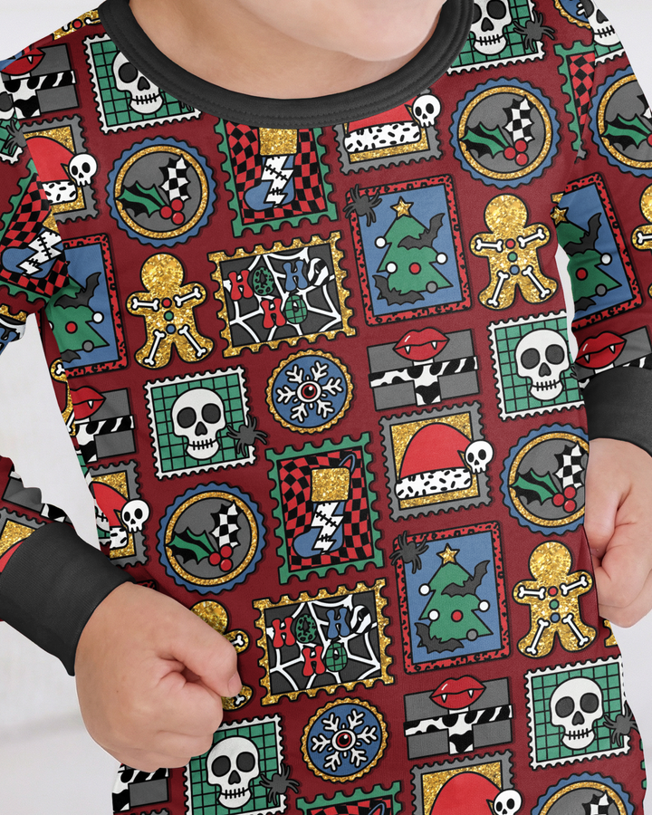 Retro Spooky Christmas Stamp Bamboo Two Piece Long Sleeve Pajama Set