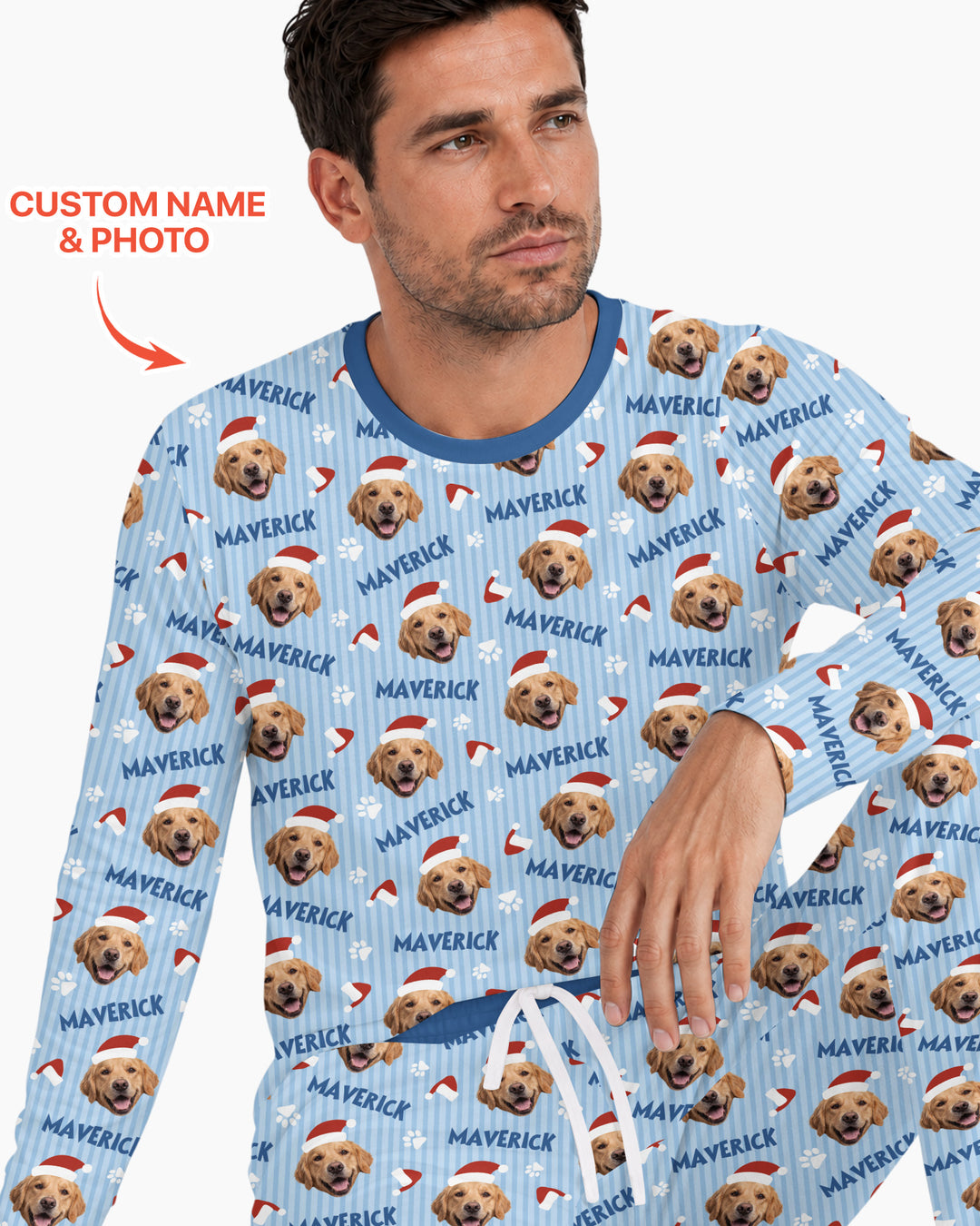 Custom Pet Photo Christmas Paws Stripe Bamboo Men's Pajama Set