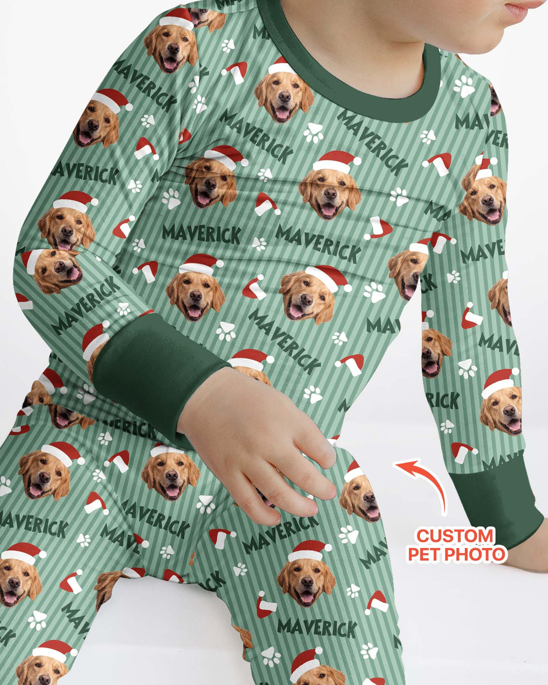 Custom Pet Photo Christmas Paws Stripe Bamboo Two Piece Long Sleeve Pajama Set