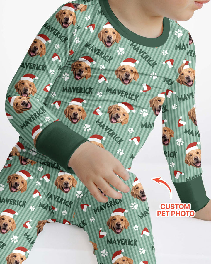 Custom Pet Photo Christmas Paws Stripe Bamboo Two Piece Long Sleeve Pajama Set