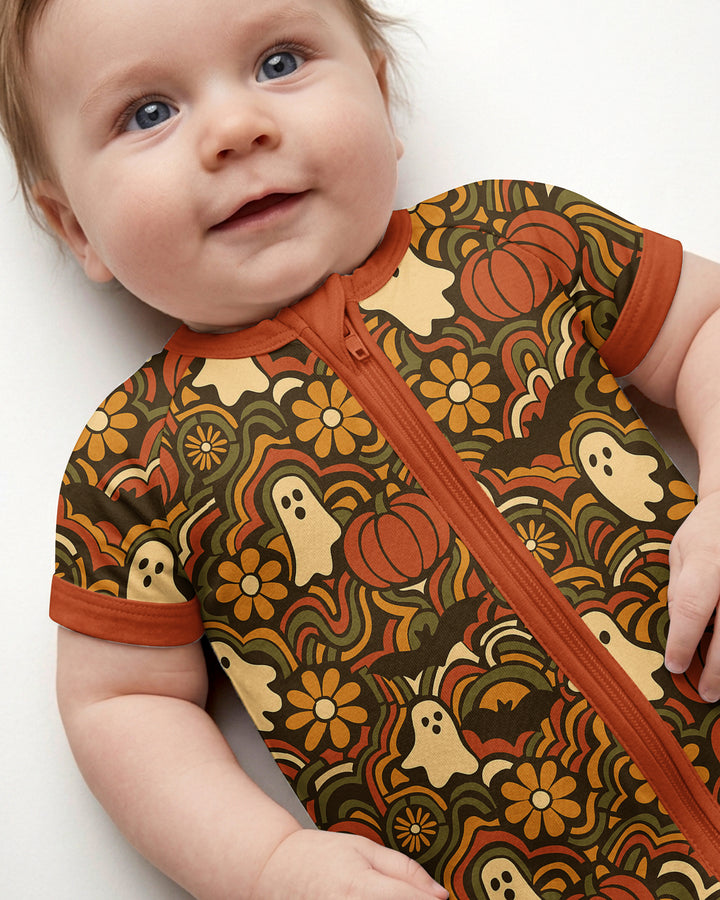 Retro Halloween Ghost Pumpkin Floral Bamboo Shorty Zippy