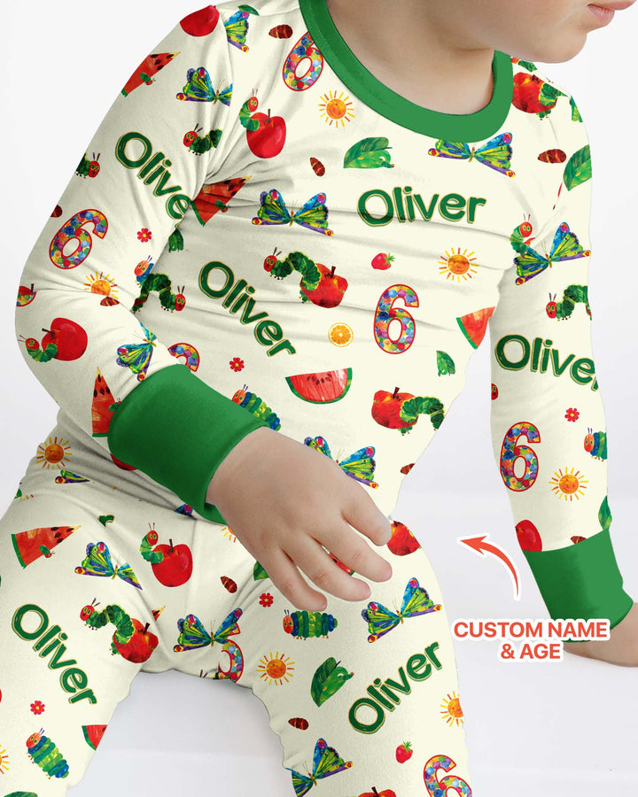 Custom Name and Age Birthday Of Very Hungry Caterpillar Bamboo Two Piece Long Sleeve Pajama Set