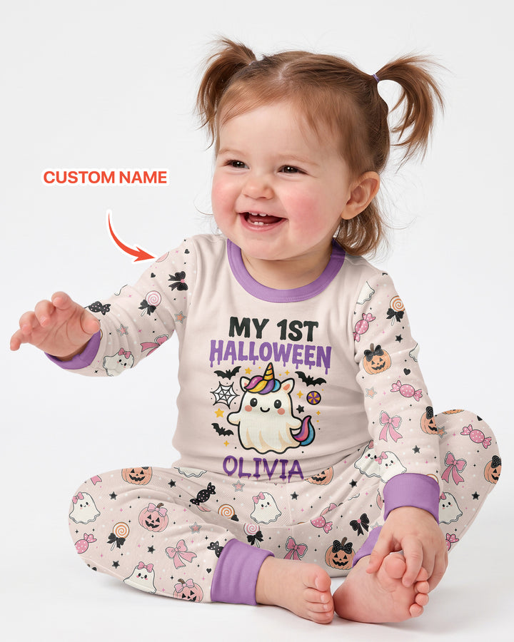 Custom Name Cute Ghost My First Halloween  Bamboo Two Piece Long Sleeve Pajama Set