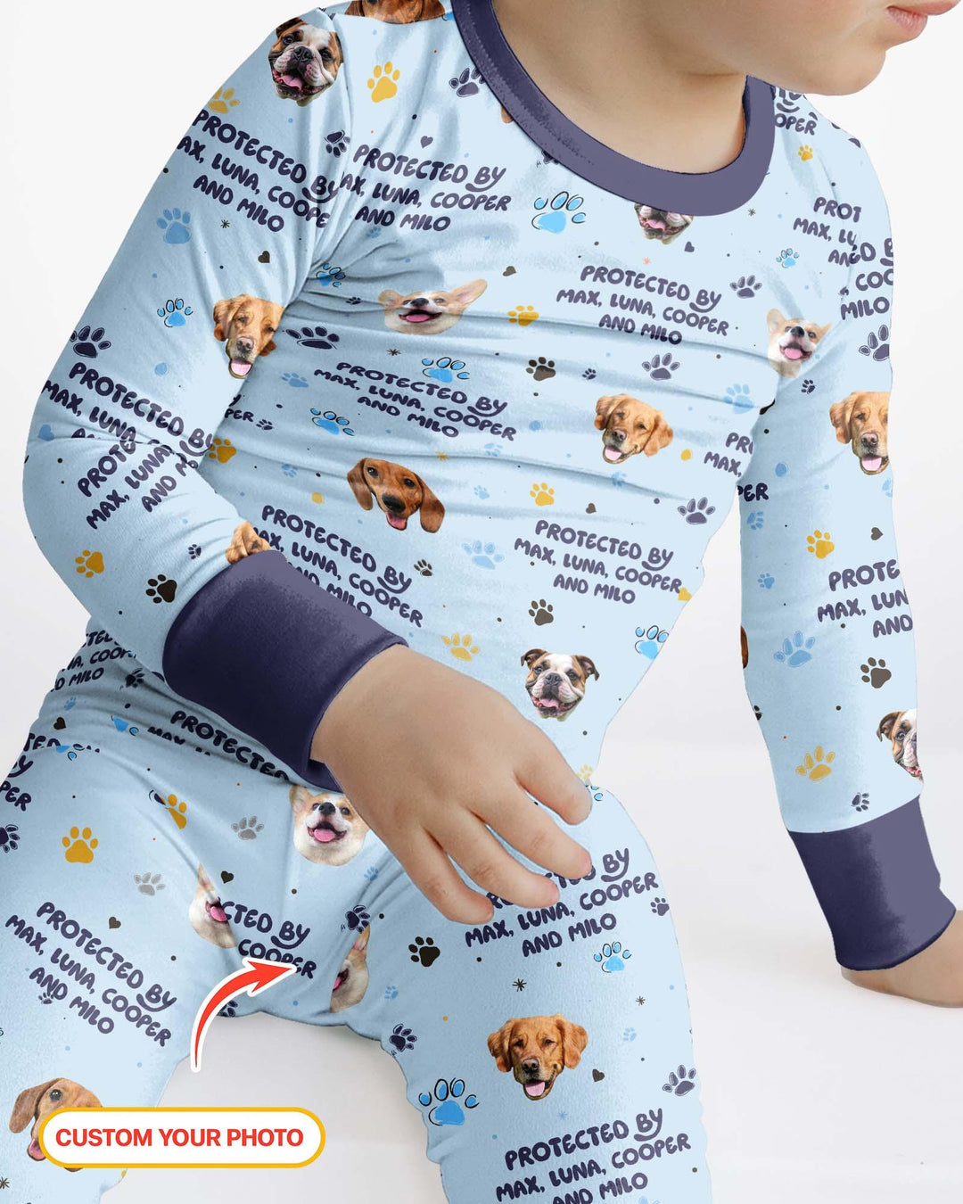Custom Dog Photos "Protected By" Pawfect Blue Bamboo Two Piece Long Sleeve Pyjamas Set