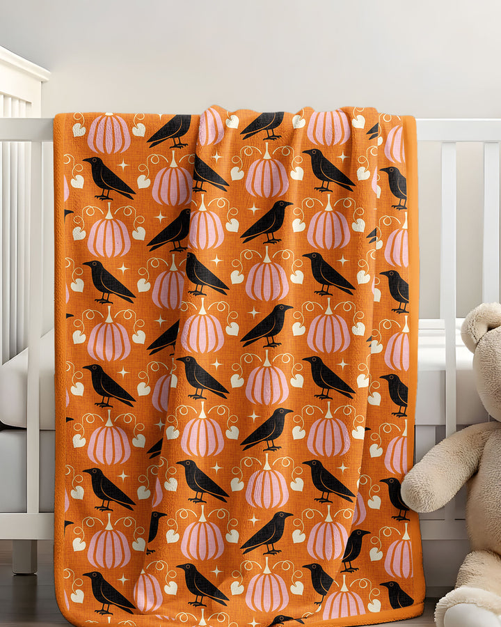 Ravens in a Pumpkin Patch - Orange Pink Bamboo Blanket