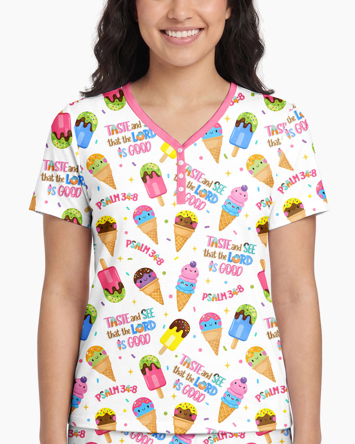 Jesus Summer Ice Cream Taste and See That The Lord Is Good Bamboo Women Short Sleeve Short Pajama Set