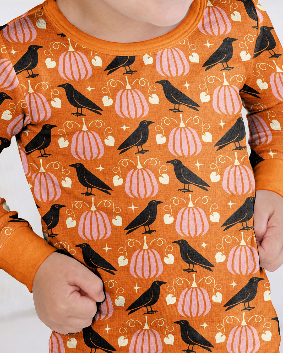 Ravens in a Pumpkin Patch - Orange Pink Bamboo Two Piece Long Sleeve Pajama Set