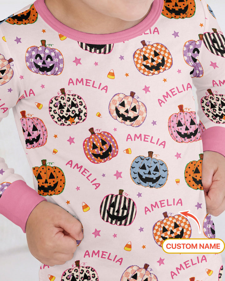 Custom Name Colorful Jack O Lantern Bamboo Two Piece Long Sleeve Pajama Set