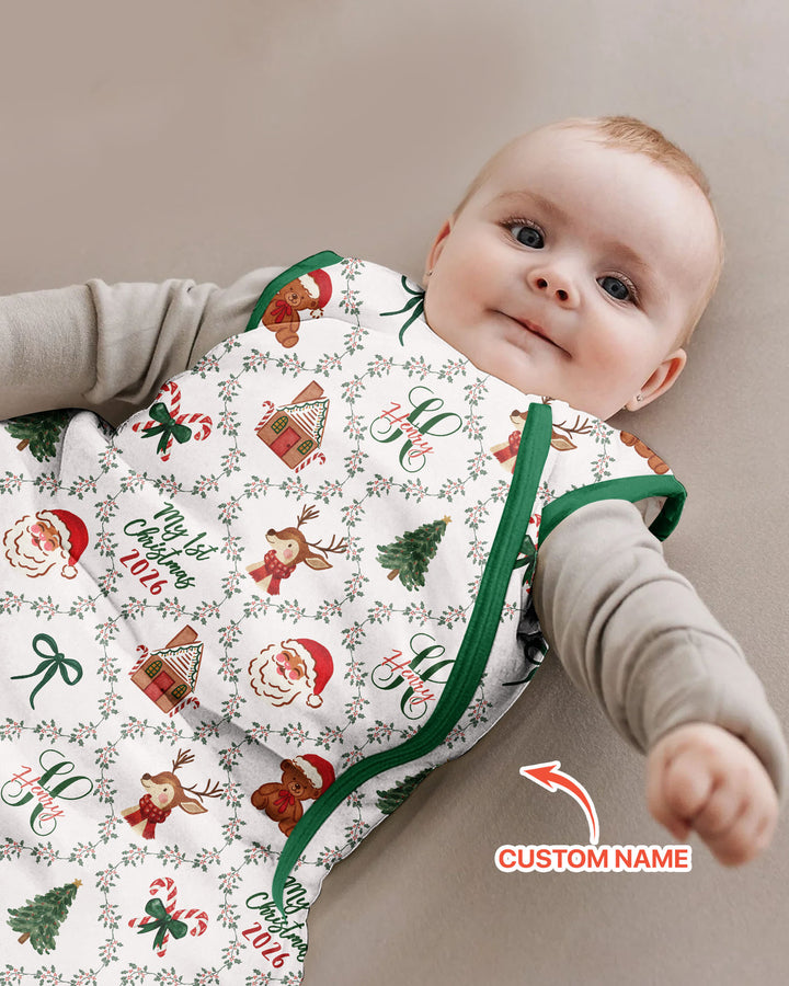 Custom name "Fancy Monogram Green Christmas 2026" Bamboo Sleep Bag