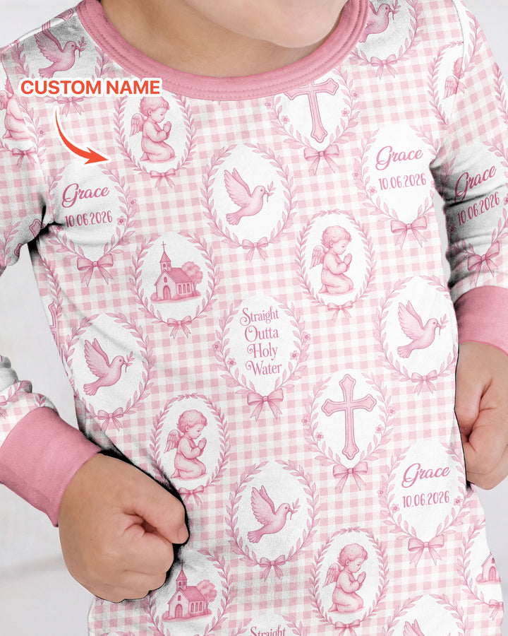 Custom Name Baptism Straight Outta Holy Water Bamboo Two Piece Long Sleeve Pajama Set