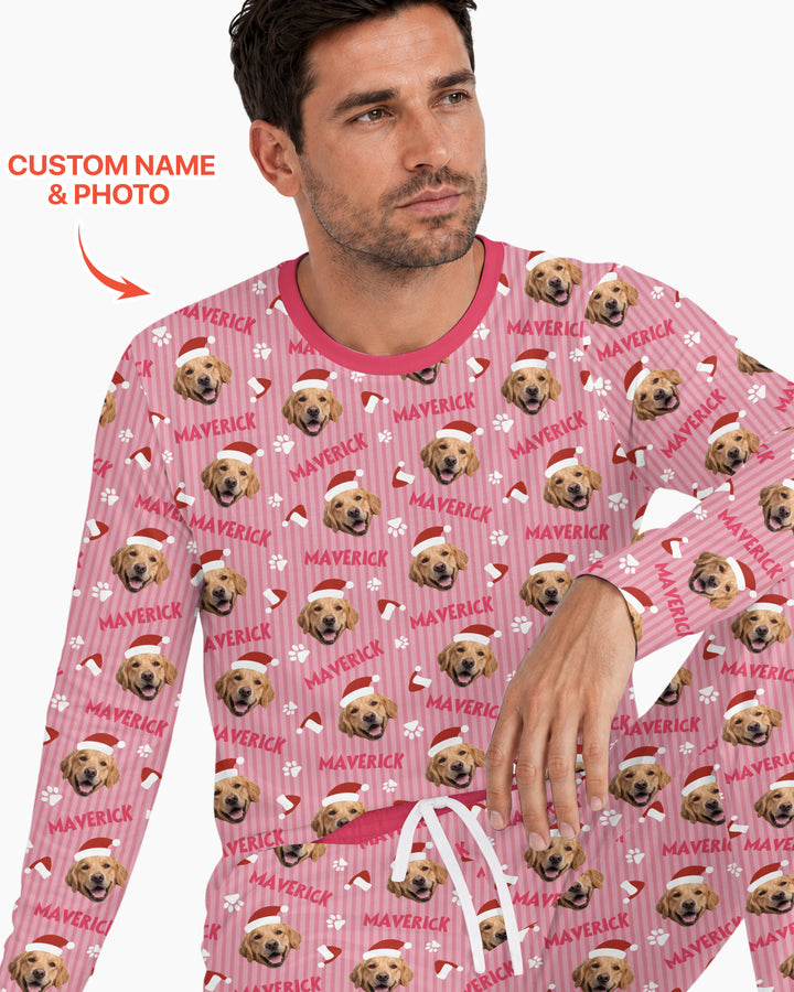 Custom Pet Photo Christmas Paws Stripe Bamboo Men's Pajama Set