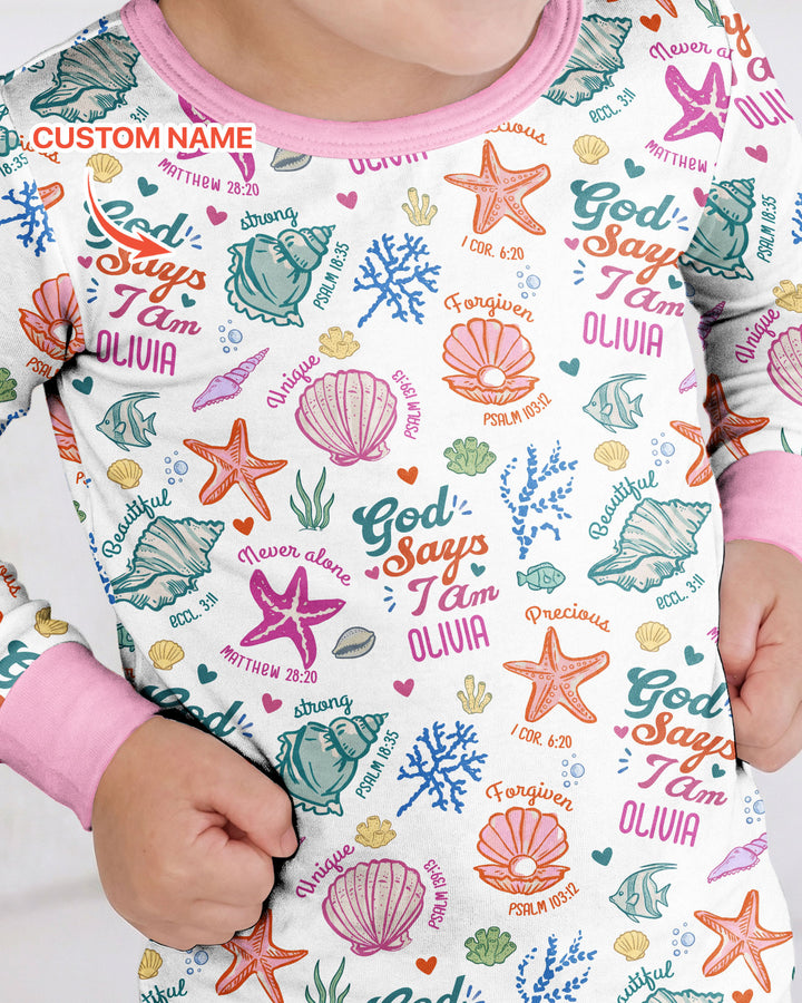 Coastal God Says I Am Custom Name Bamboo Two Piece Long Sleeve Pajama Set