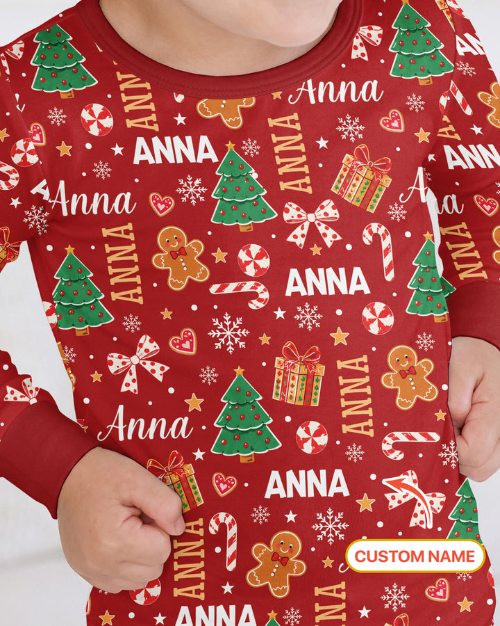 Custom Name Christmas Crew Family Matching Bamboo Two Piece Long Sleeve Pajama Set