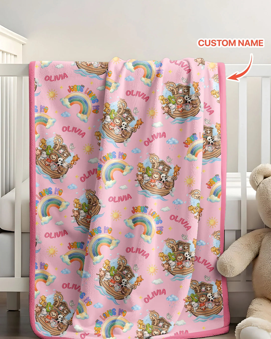 Custom Name Jesus Loves Me Noah's Ark Bamboo Blanket