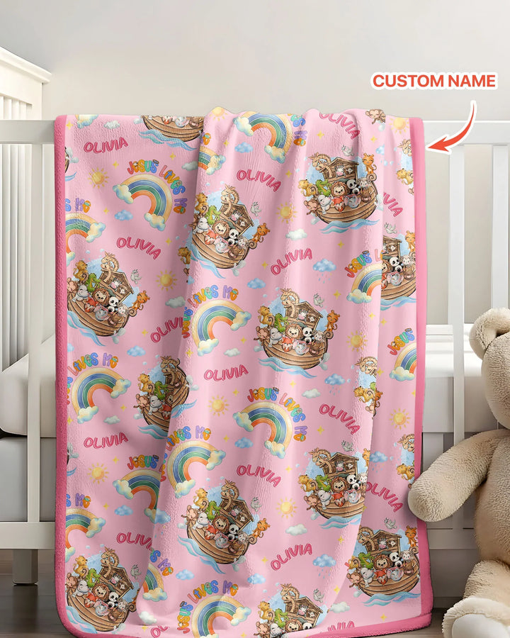 Custom Name Jesus Loves Me Noah's Ark Bamboo Blanket