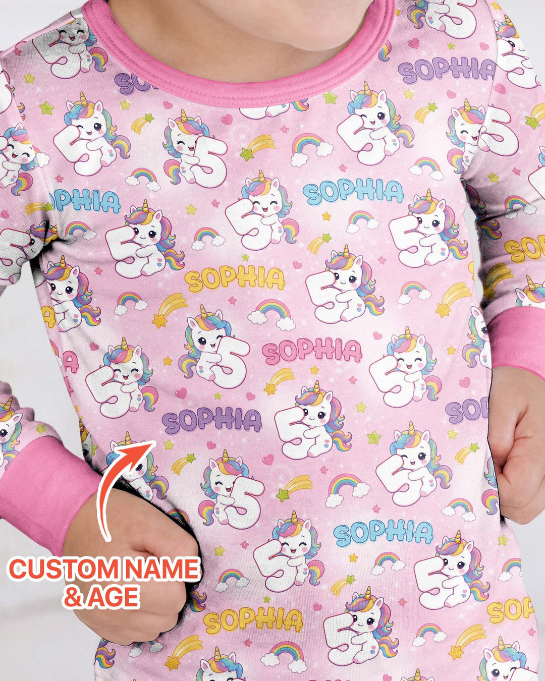 Custom Name Kawaii Unicorn Birthday Bamboo Two Piece Long Sleeve Pajama Set