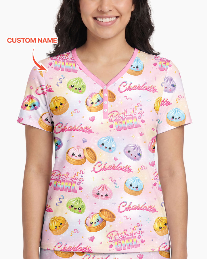 Birthday Girl Glitter Dumpling Bamboo Women Short Sleeve Short Pajama Set