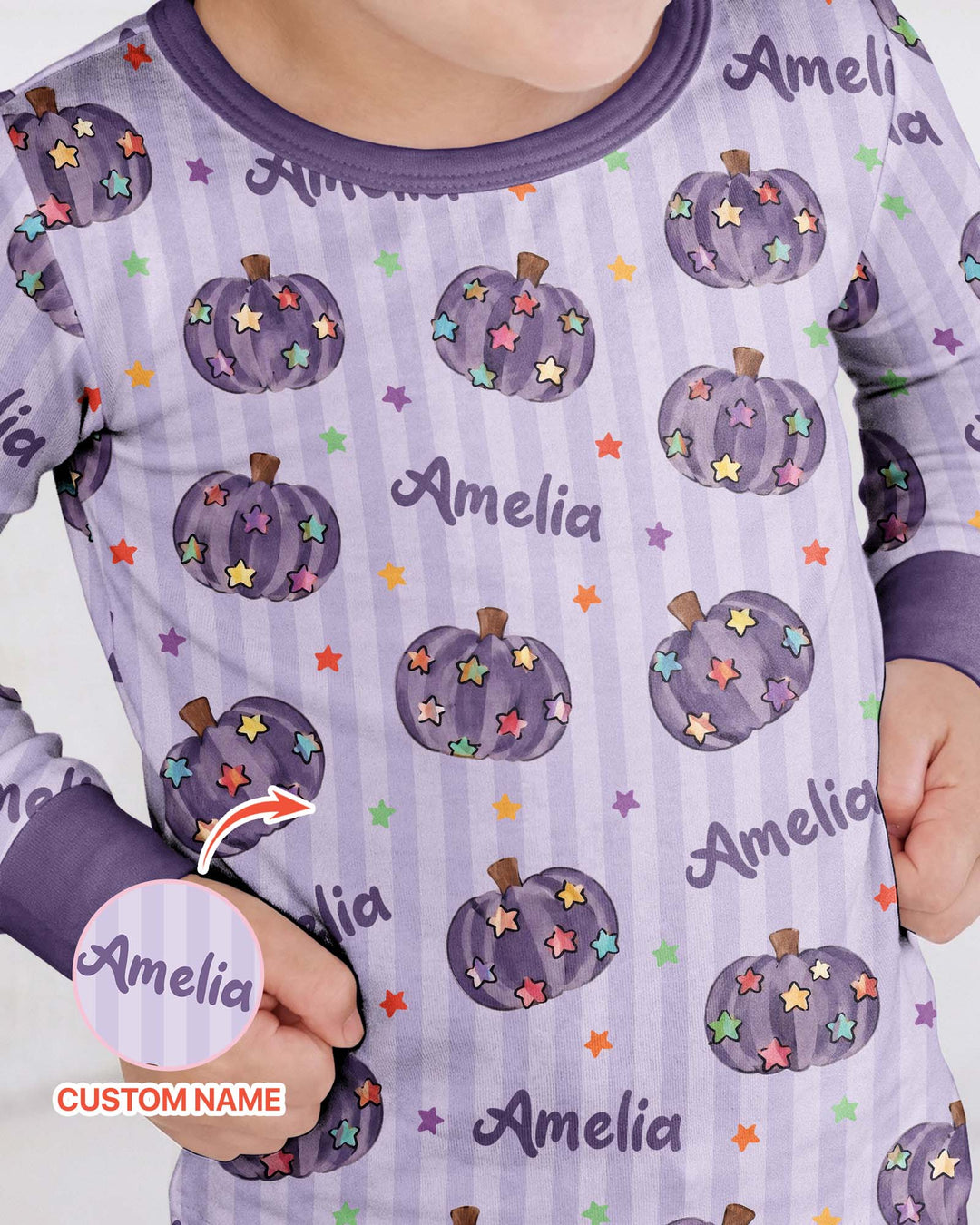 Colorful Star Pumpkin Custom Name Bamboo Two Piece Long Sleeve Pajama Set