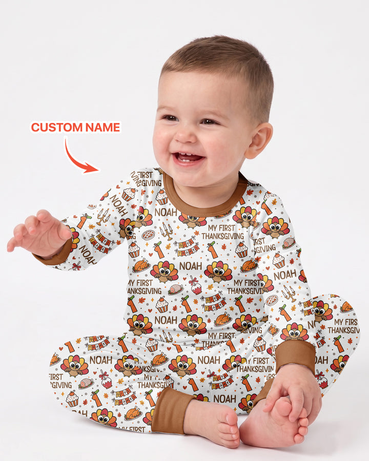 Custom Name Doodle Turkey My First Thanksgiving Bamboo Two Piece Long Sleeve Pajama Set