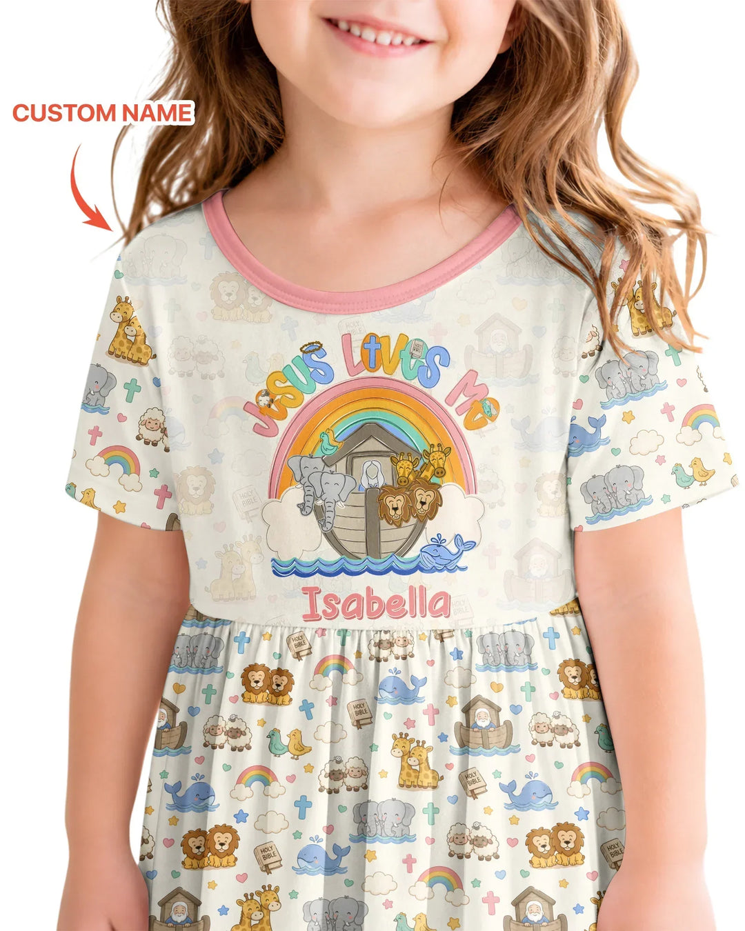 Custom Name Noah's Ark Jesus Loves Me Bamboo Twirl Dress